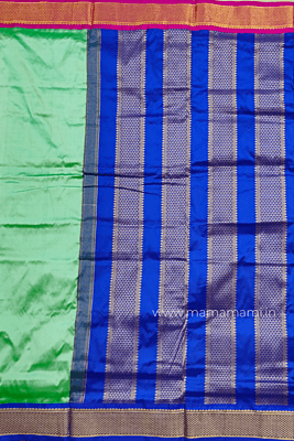 9 Yards Silk Saree | Light pista green with blue border Madisar Silk Saree