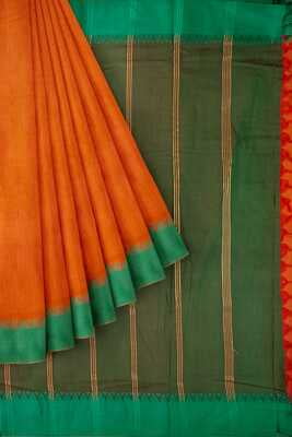 10 yards Saree | Readymade Madisar | Orange Green Cotton saree