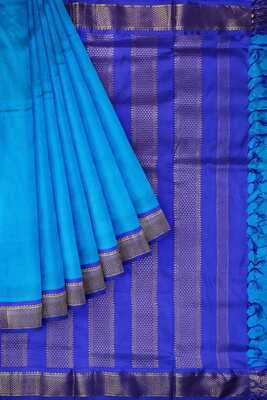 9 Yards Silk Saree | Light blue with Dark Blue Grand Border| Madisar Silk Saree