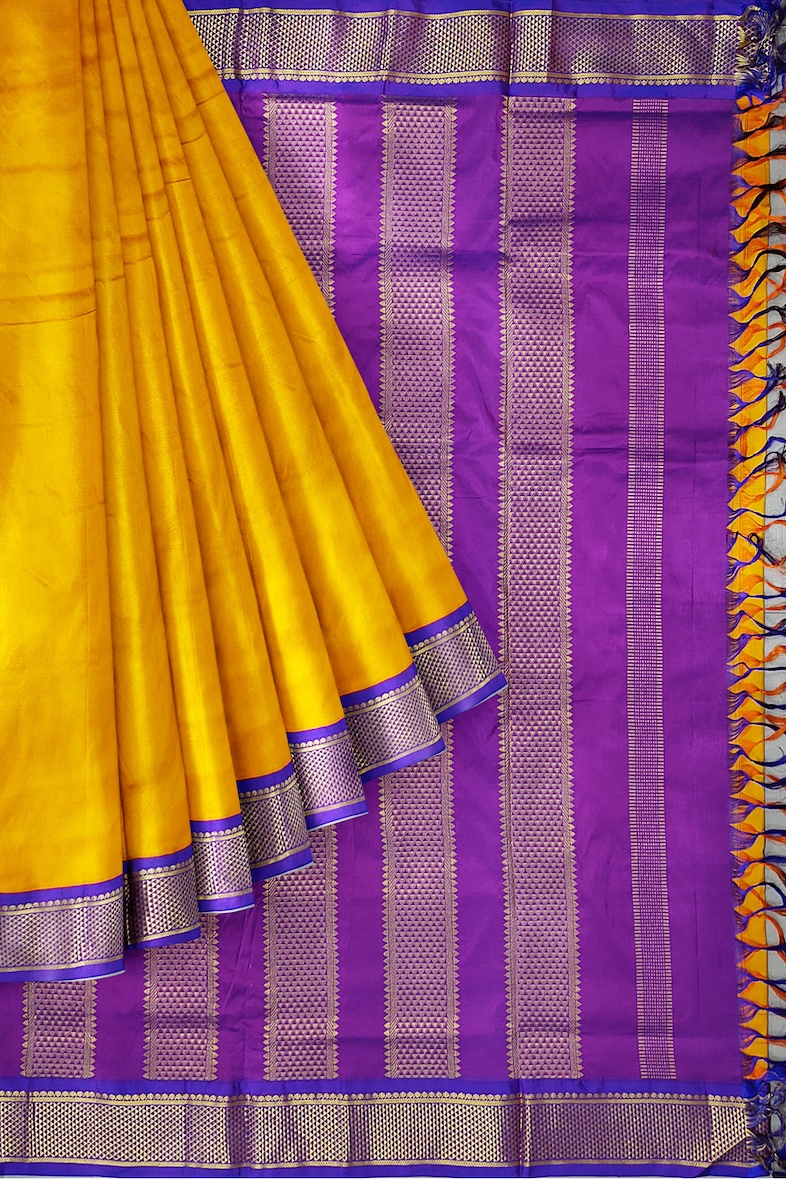9 Yards Silk Saree | Mango Yellow with Purple Grand Border| Madisar Silk Saree