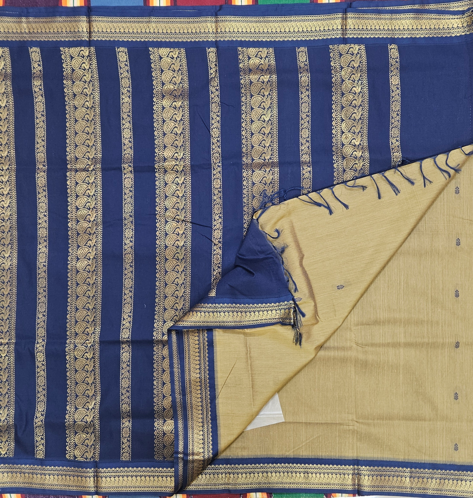 🟡 10 Yards Madisar Saree – Mustard with Navy Blue Border | Traditional Iyer & Iyengar Madisar (Stitched Available)