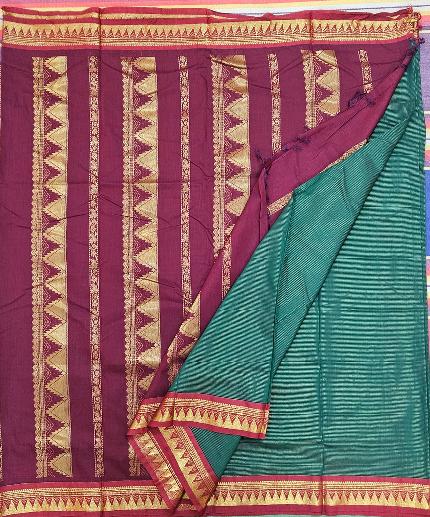 10 yards Kalyani Cotton Vairavusi Bottle green/Maroon Border