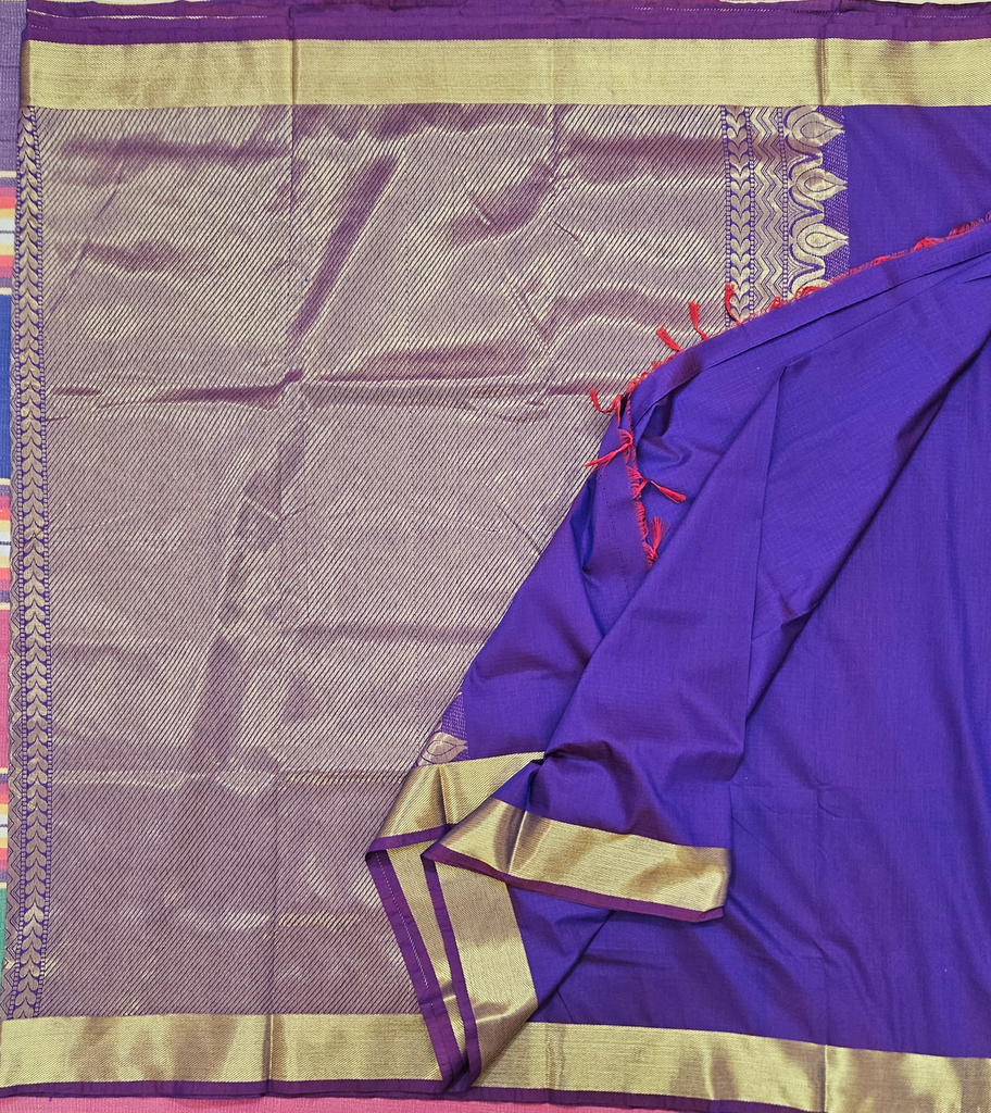 Kalyani Cotton Saree – Ink Blue with Golden Banaras Border 