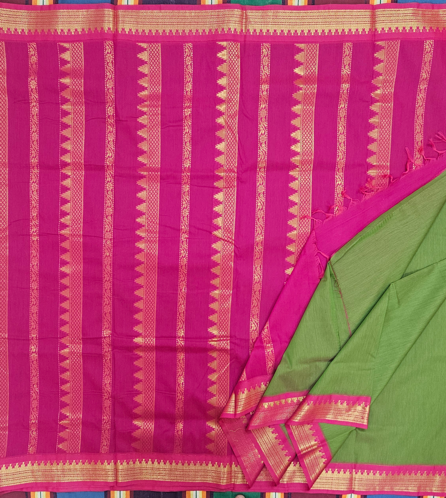 🌿 10 Yards Kalyani Cotton Madisar – Pista Green with Pink Diamond Pallu