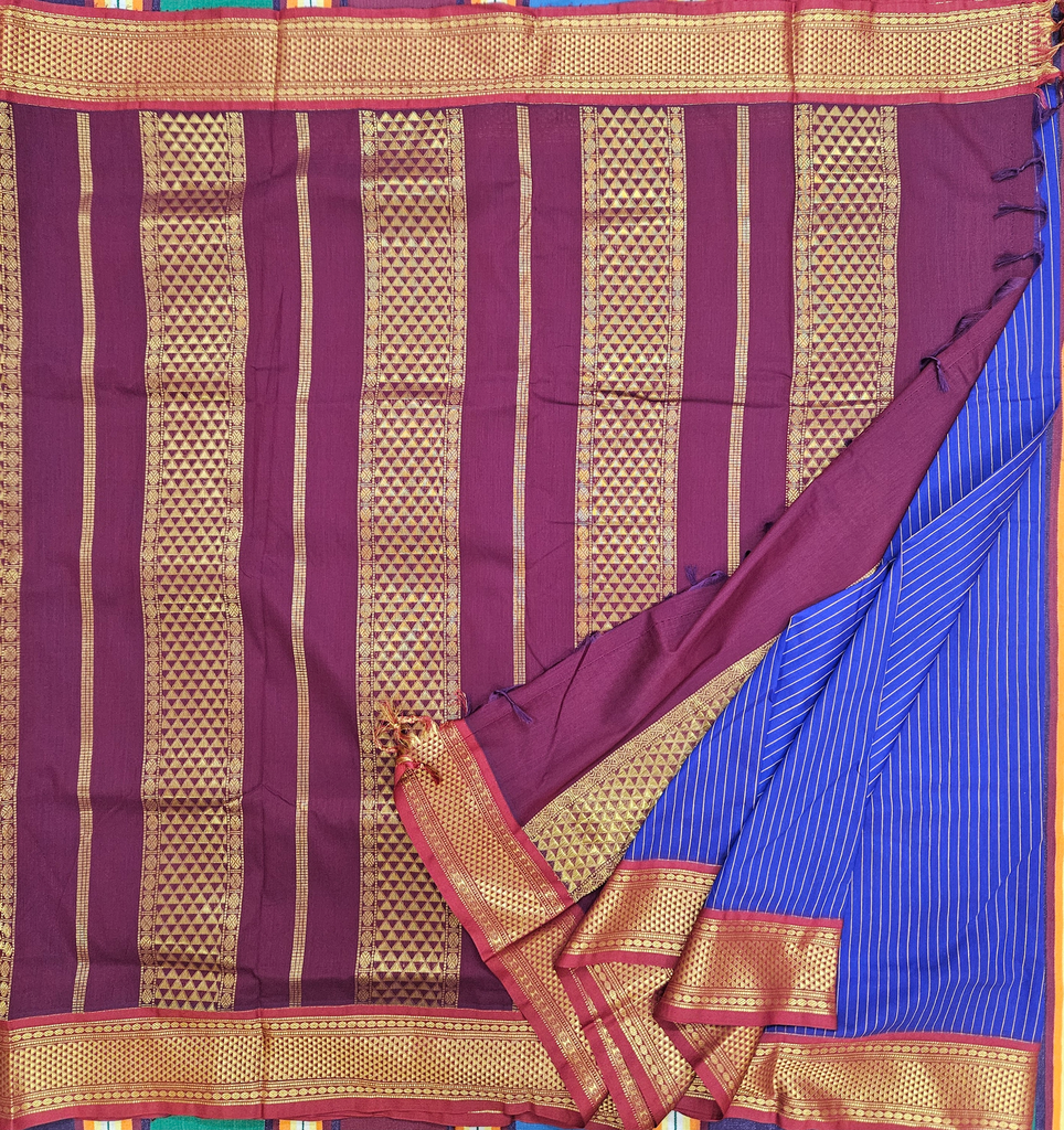 💙 10 Yards Kalyani Cotton Madisar – MS Blue Strips with Maroon Border