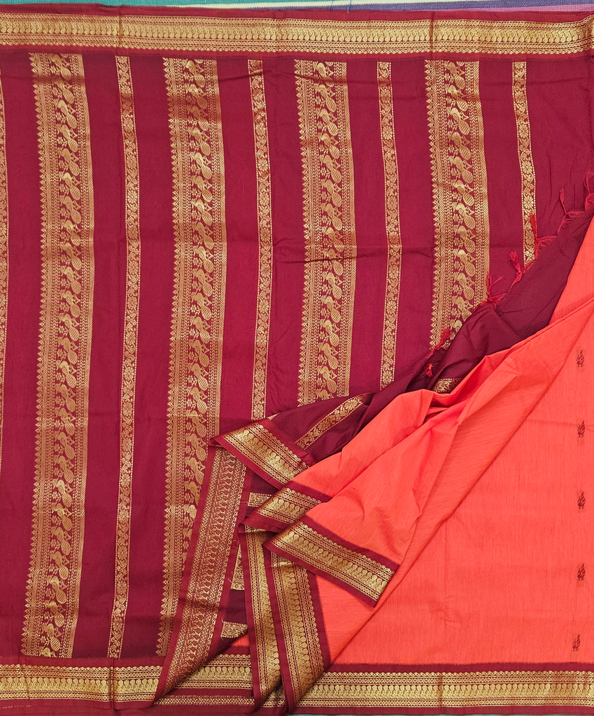 🌸 10 Yards Kalyani Cotton Fanta orange with Maroon Border