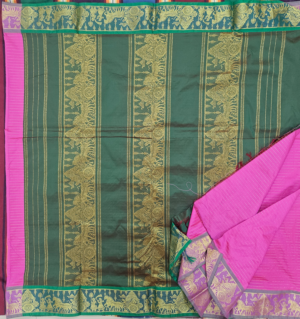 🌸 10 Yards Semi Silk Veldhari Madisar – Pink with Green Grand Border