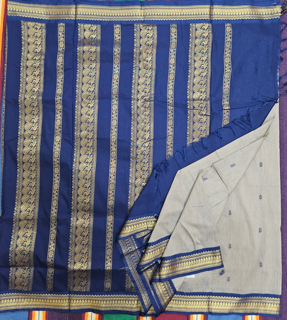 🩶 10 Yards Kalyani Cotton Madisar – Ash Grey with Navy Blue Grand Border