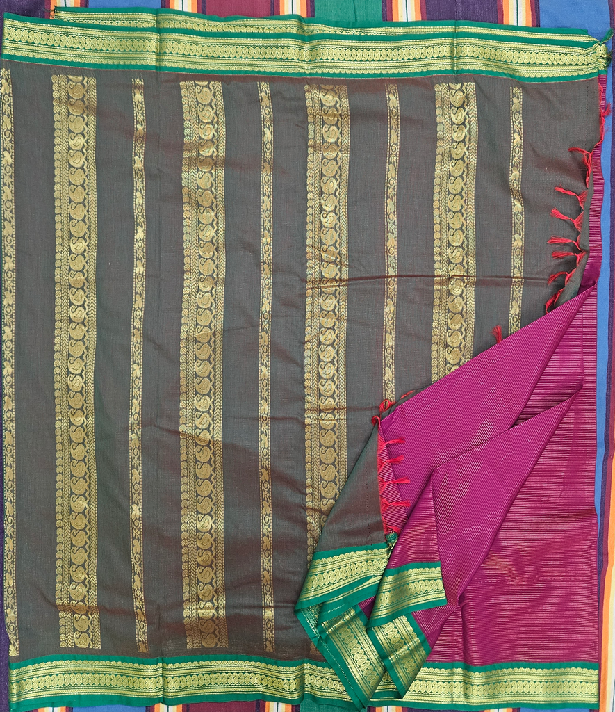 10 yards Kalyani Cotton Vairavusi Beetroot Maroon/Green Pallu