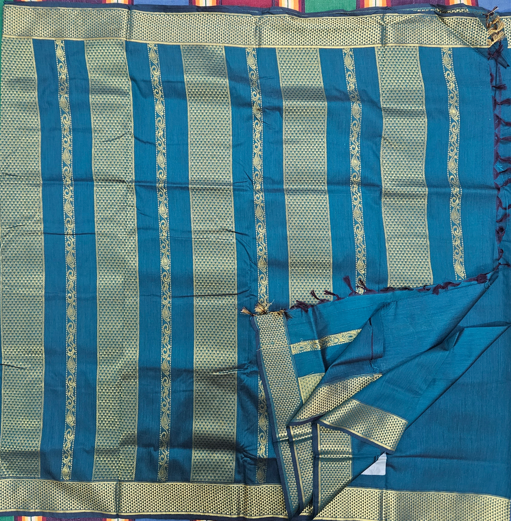 🌊 10 Yards Kalyani Cotton Madisar – Ramar Bluish-Green with Golden Self-Border