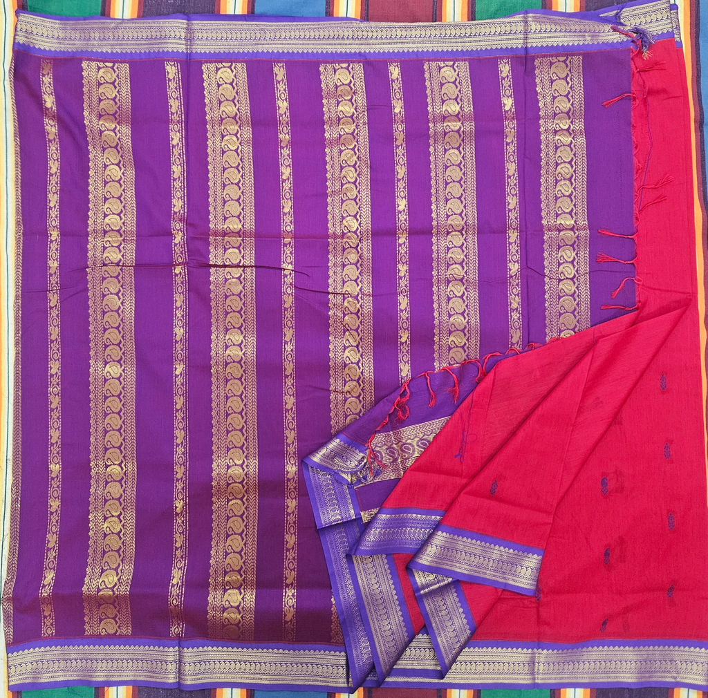 🍅 10 Yards Kalyani Cotton Madisar – Tomato Red with Royal Purple Border