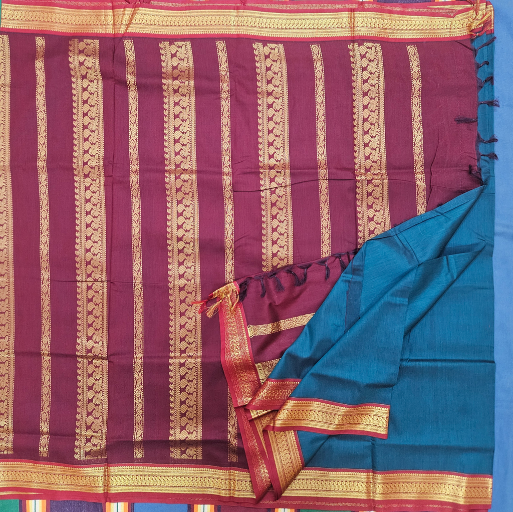 🌿 10 Yards Kalyani Cotton Madisar – Ramar Green with Royal Purple Border