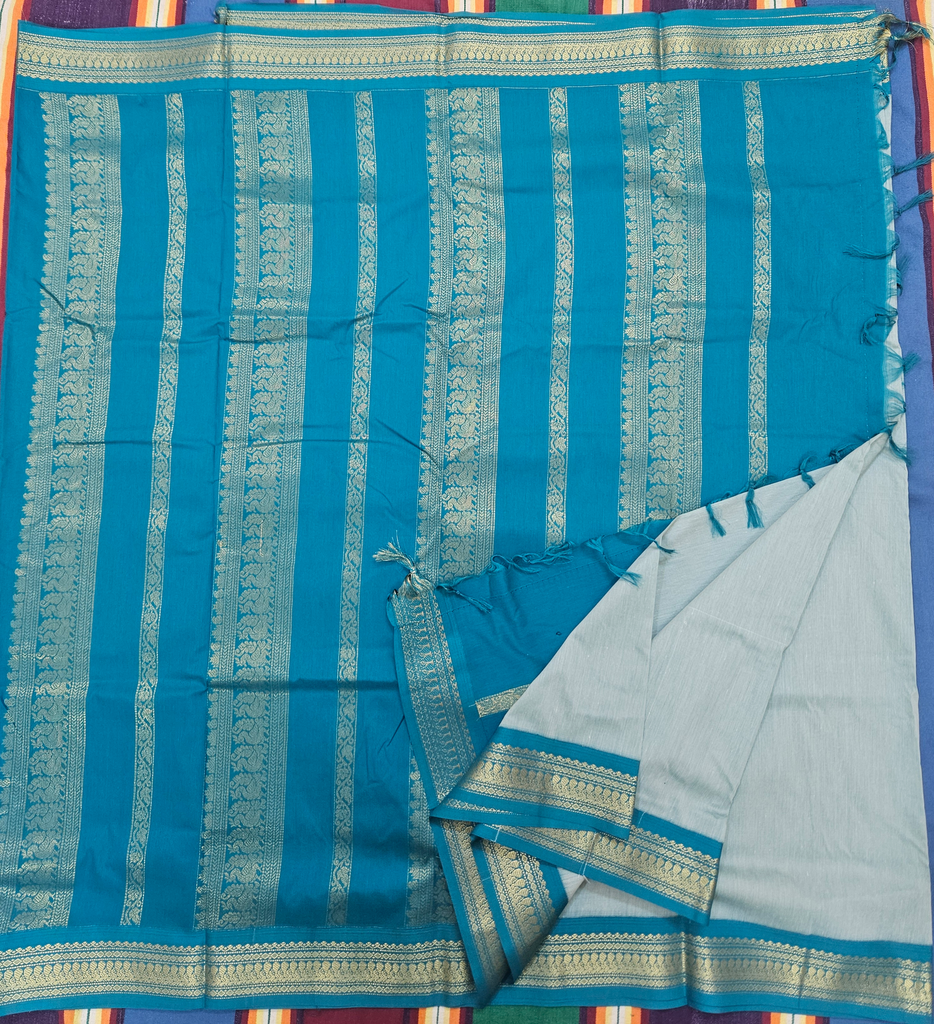 10 yards Kalyani cotton Bluish cream /Sky Blue Border