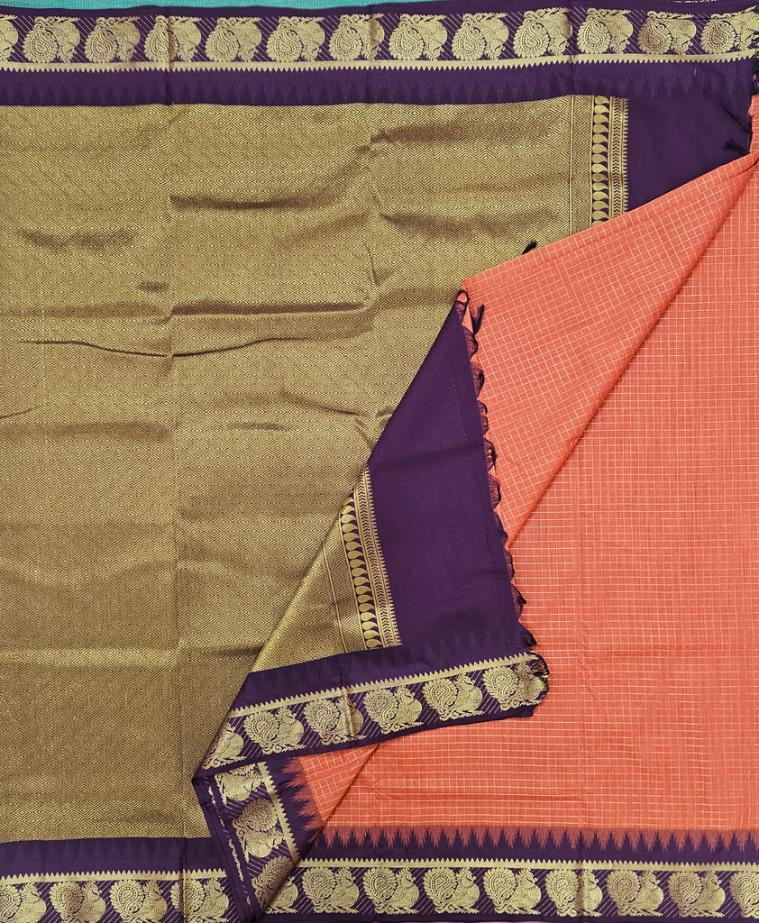 10 yards Kalyani cotton Senthoor with Navy Blue Golden Grand Border