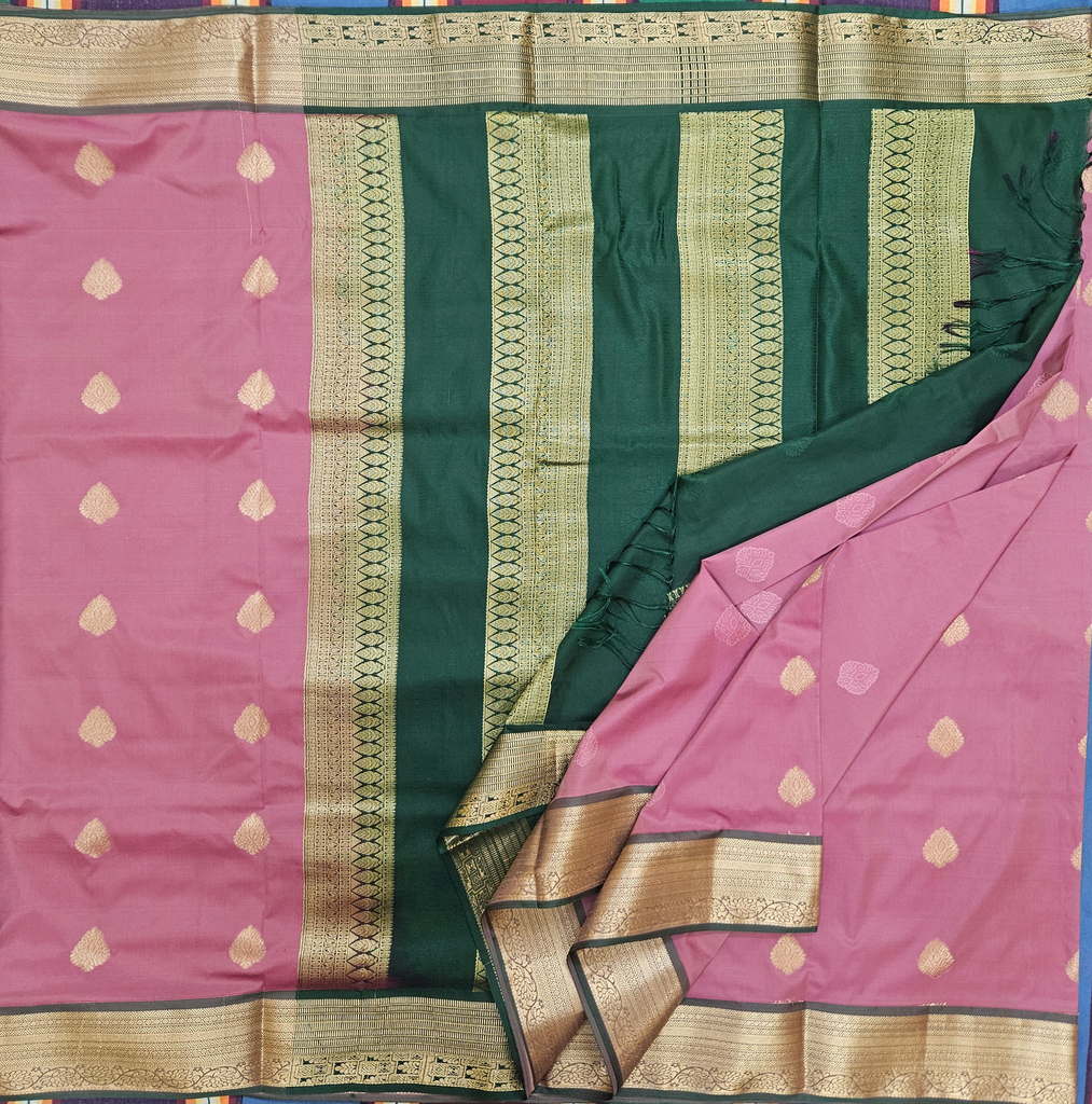 11 yards Soft silk Lotus Pink /green Border