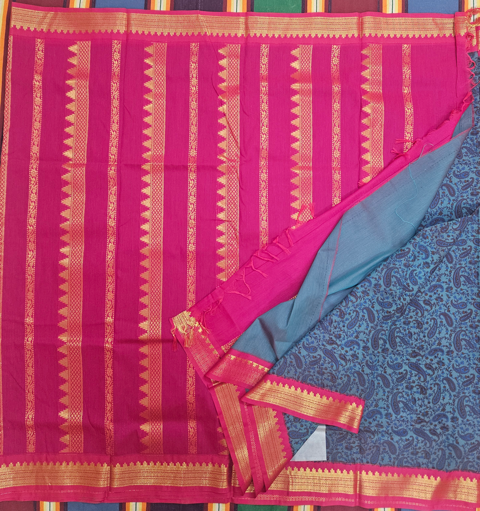 10 yards Kalyani Cotton Designer Saree Ramar Blue/ Majenta Pallu 