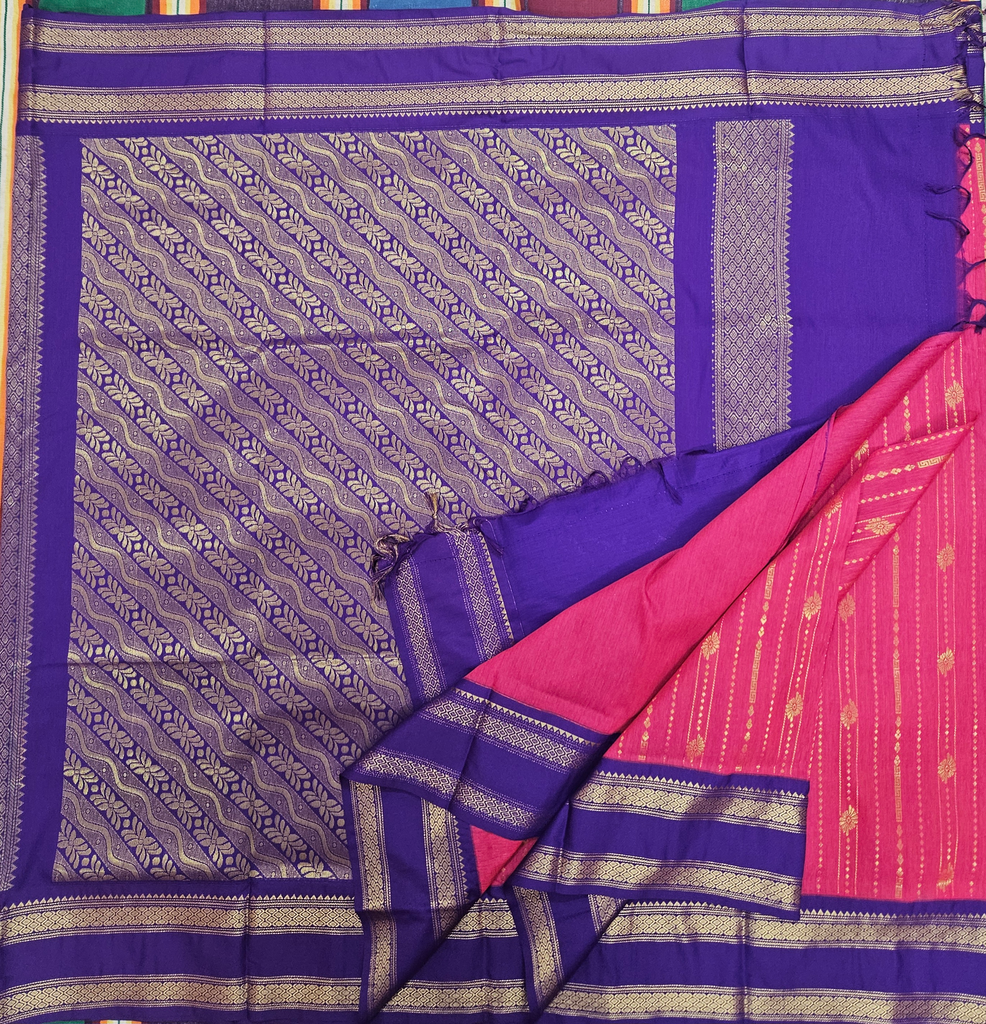 🧡 10 Yards Kalyani Cotton Madisar – Senthur Red with Ink Blue Grand Border