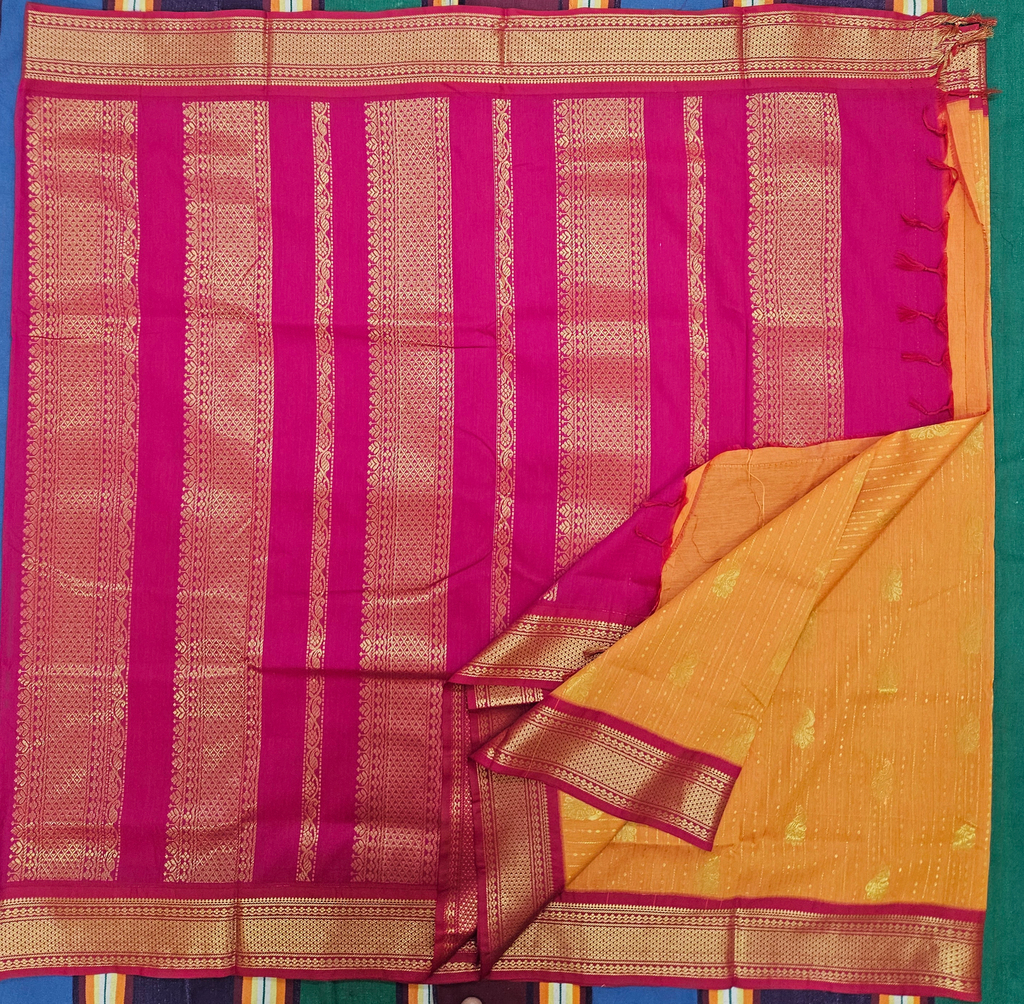 9 yards Kalyani cotton Mango Yellow /Pink Border