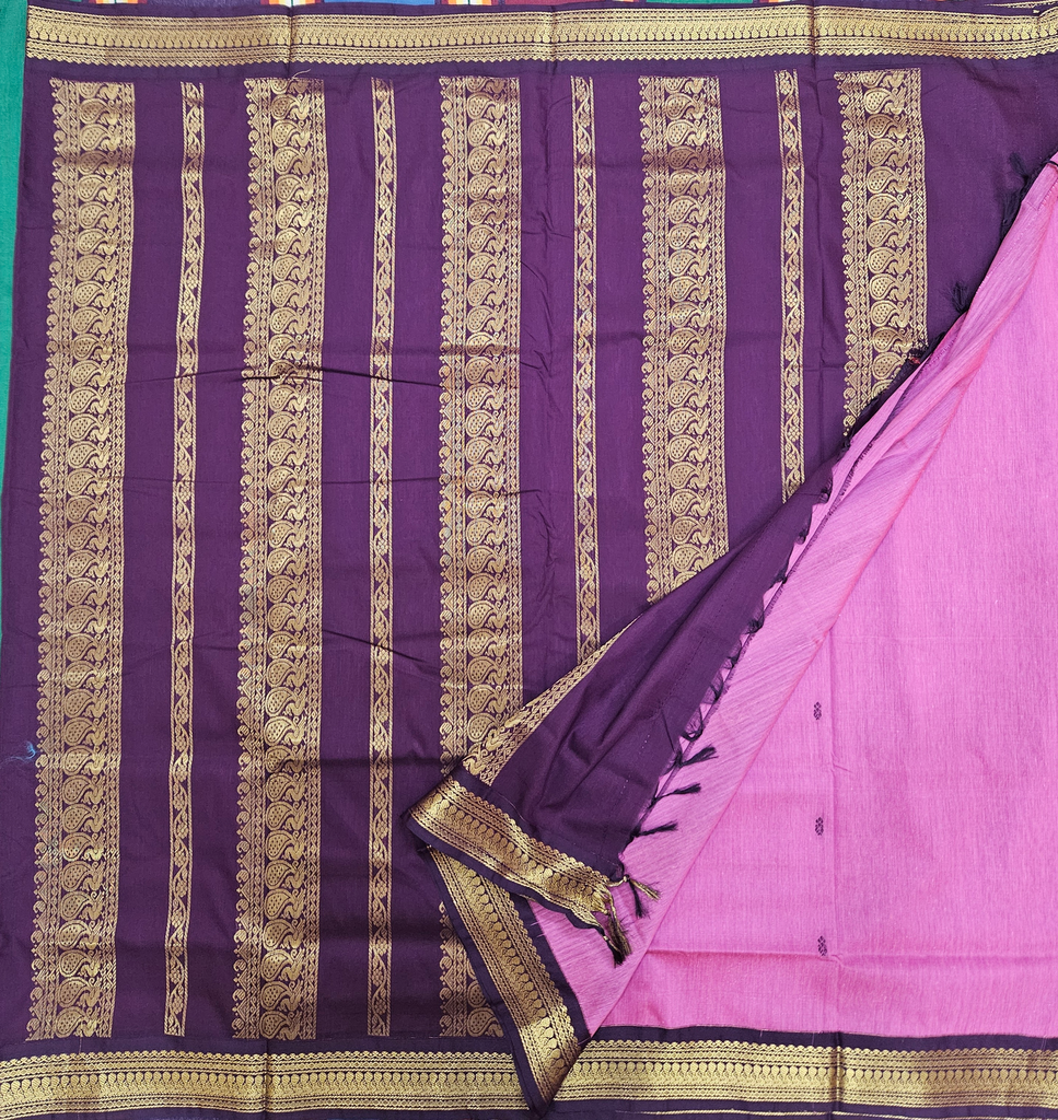 9 yards Kalyani cotton Lotus Pink/Navy Blue Border