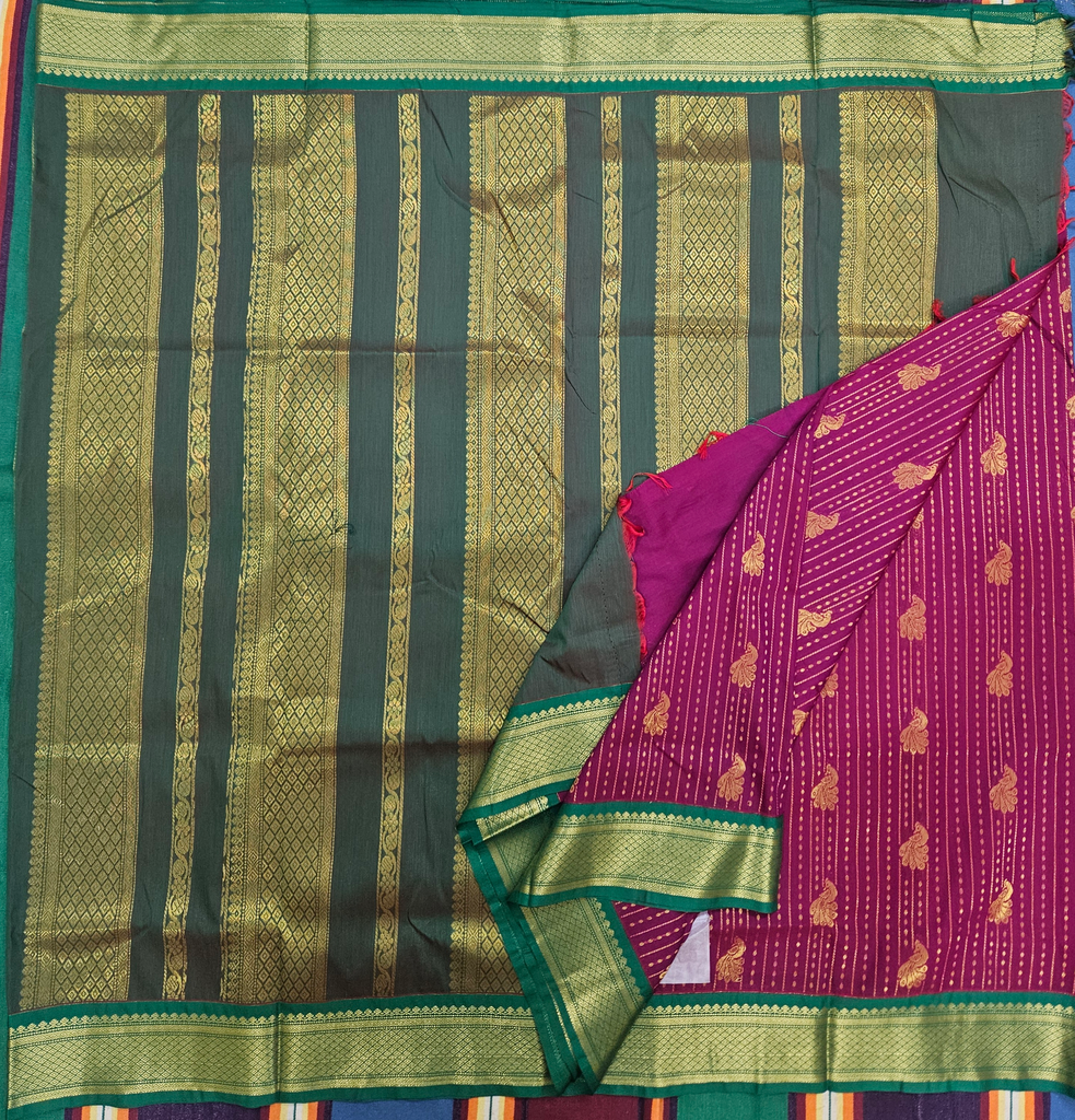 9 yards Kalyani cotton Dark Maroon/Manthulir Green 