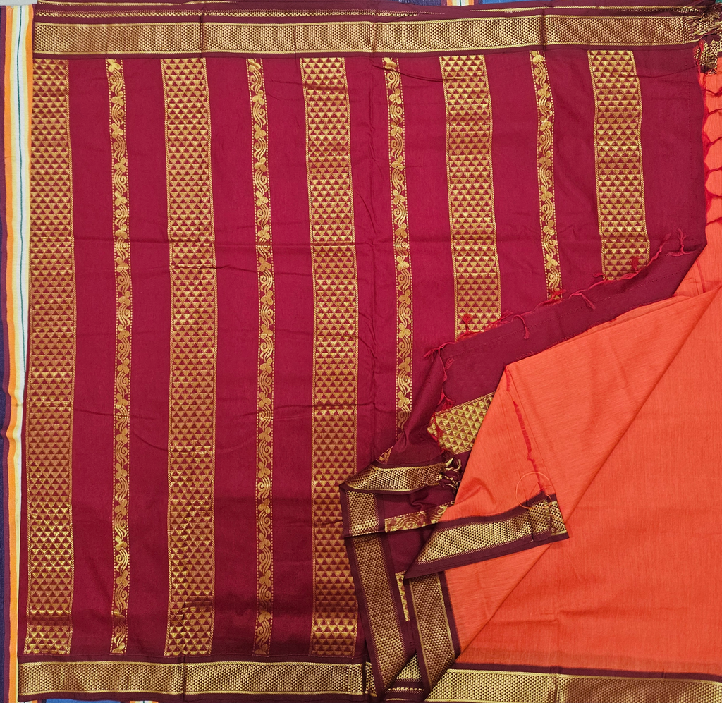 10 yards Kalyani cotton Fanta Orange/Maroon Border