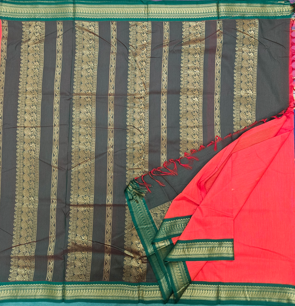 🍊 10 Yards Kalyani Cotton Madisar – Fanta Orange with Green Grand Border