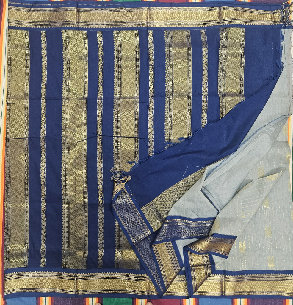 🦚 10 Yards Kalyani Cotton Madisar – Silver with Golden Peacock Design & Navy Blue Border