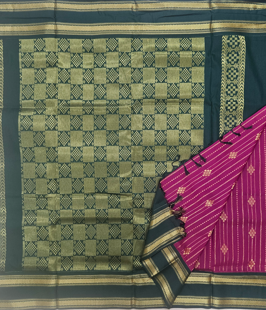 🌺 10 Yards Kalyani Cotton Madisar – Pink-Maroon with Green Grand Pallur