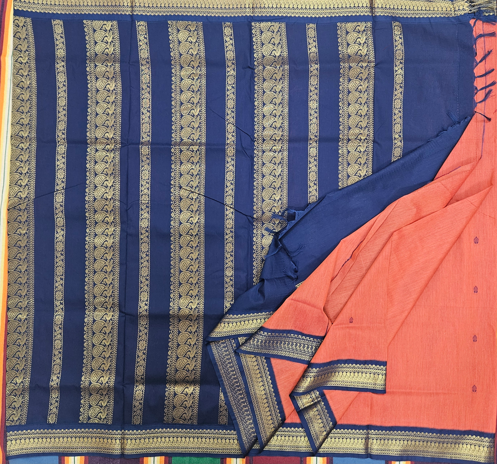 10 Yards Madisar Kalyani cotton Senthoor with Navy blue border