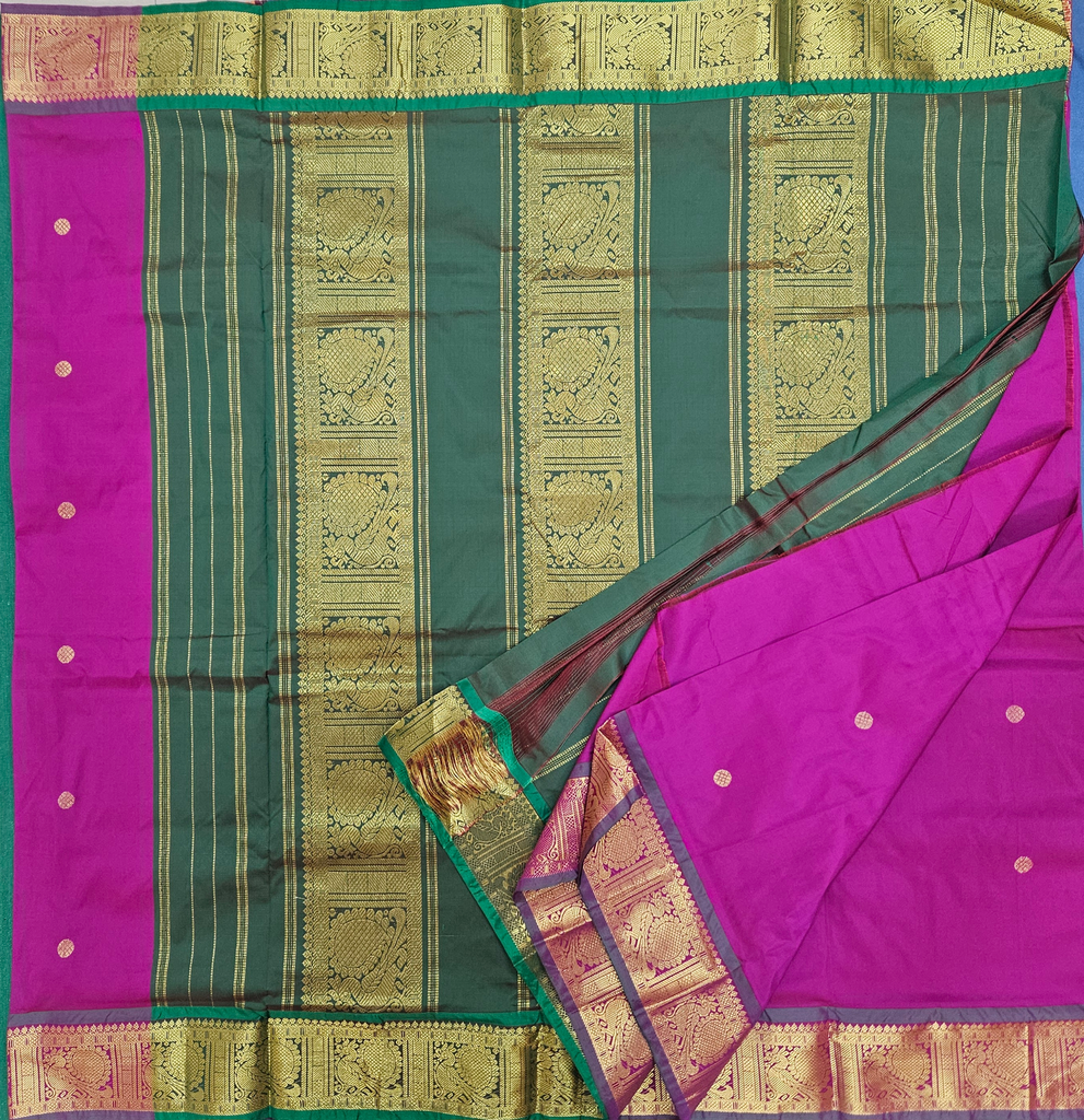 9 yards Majenta Grand Green border Semi Silk Madisar 