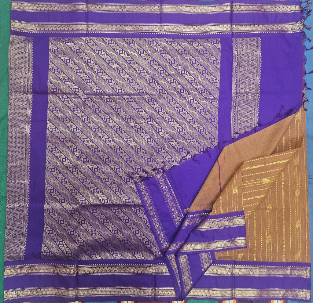 9 yards Kalyani cotton Mustard /Purple Rich Border