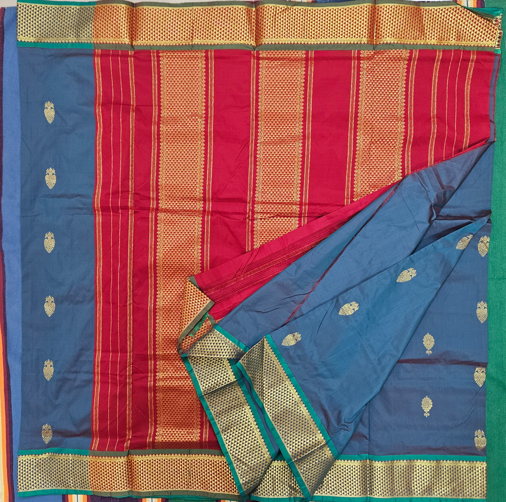 9 yards Peacock Neck Blue/Tomato Red Border