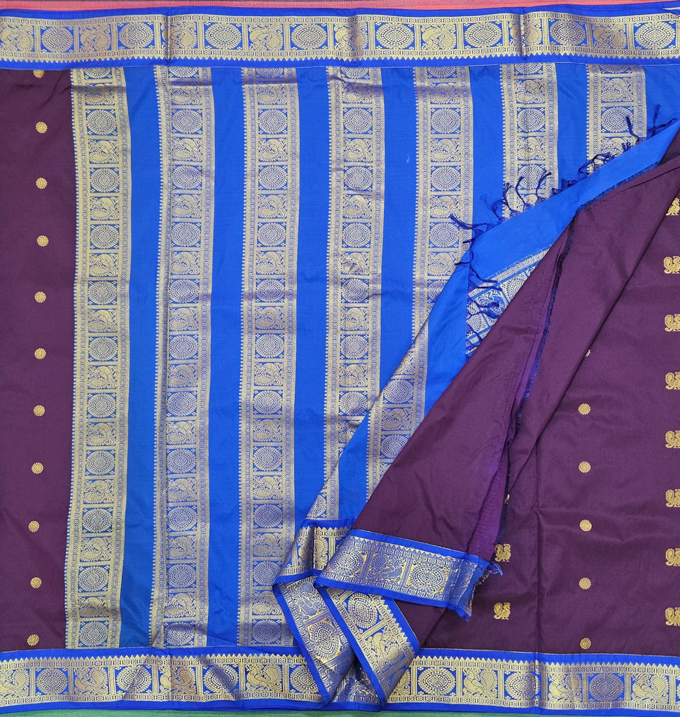 10 Yards Arani Silk Madisar – Navapaza color & Ink Blue Grand Border | Traditional Iyer & Iyengar Madisar Saree