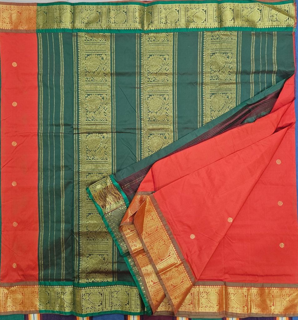 9 yards Semi Silk Saree Fanta Orange /Manthulir Green Border