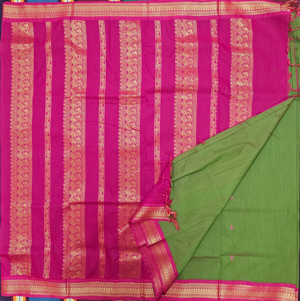 10 yards Kalyani Cotton Mehandi Green/Pink Border