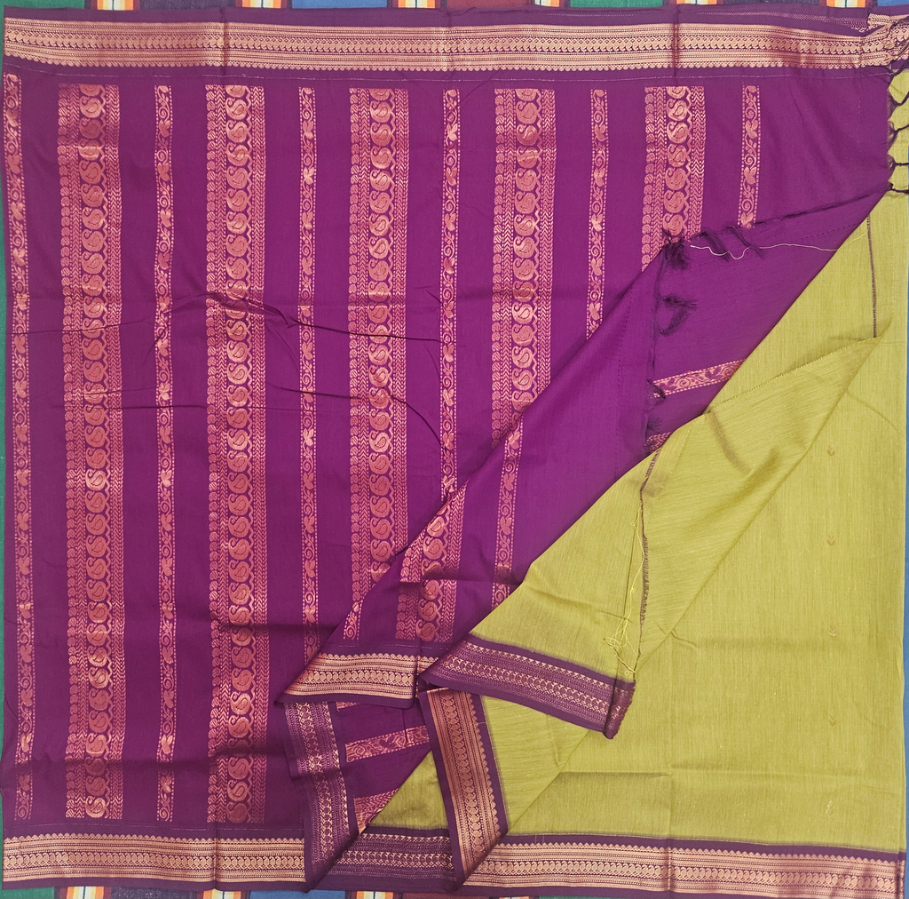 10 yards Kalyani Cotton Mehandi green /Purple Border