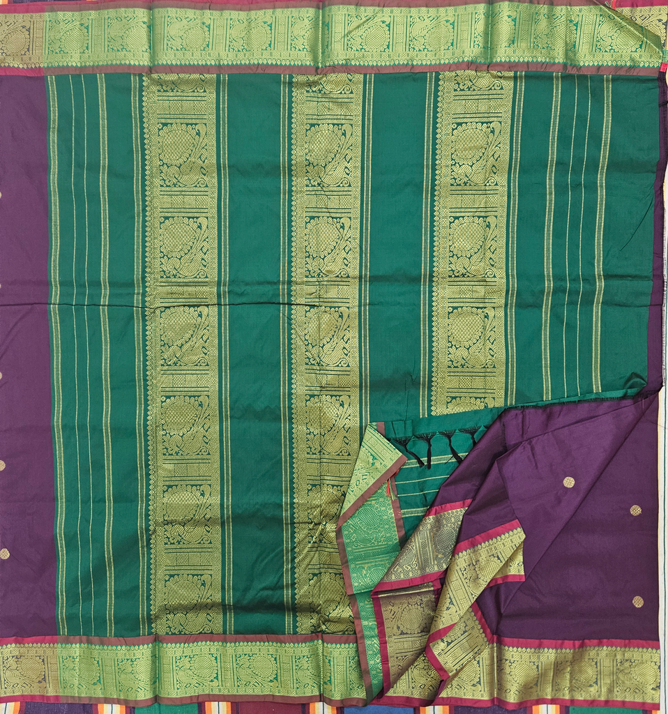 9 yards Arani Silk saree Brown with golden Butta/Green grand Pallu