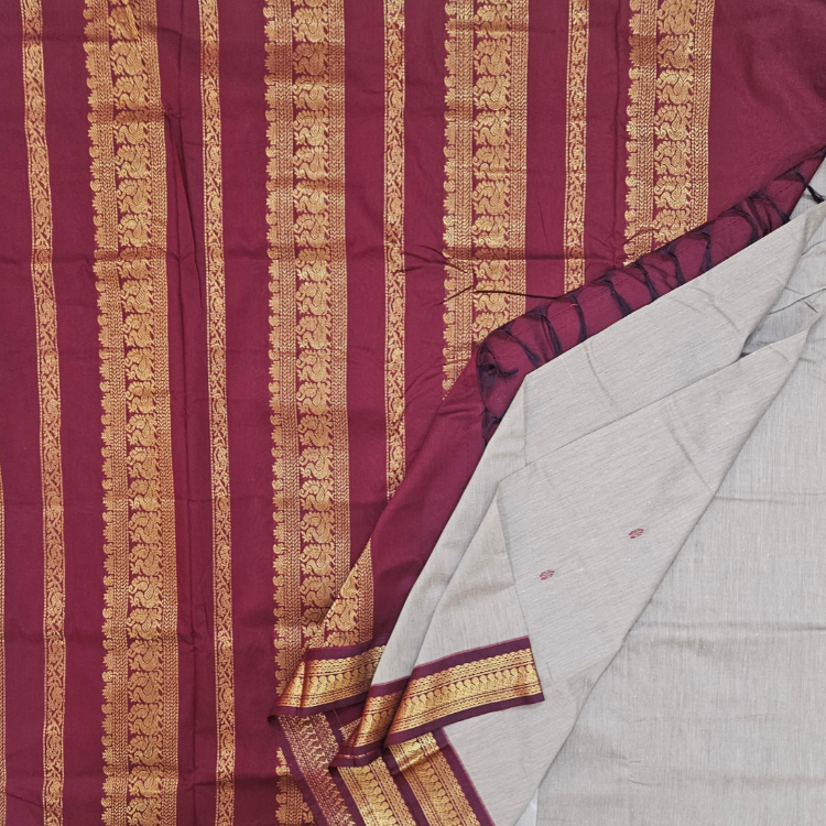 9 Yards Kalyani Cotton Madisar – Light Ash with Maroon Grand Border (Silk Look Finish)