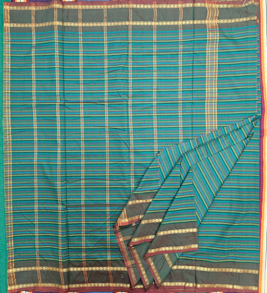 10 Yards Madisar Kalyani cotton Zebra Saree Ramar Green