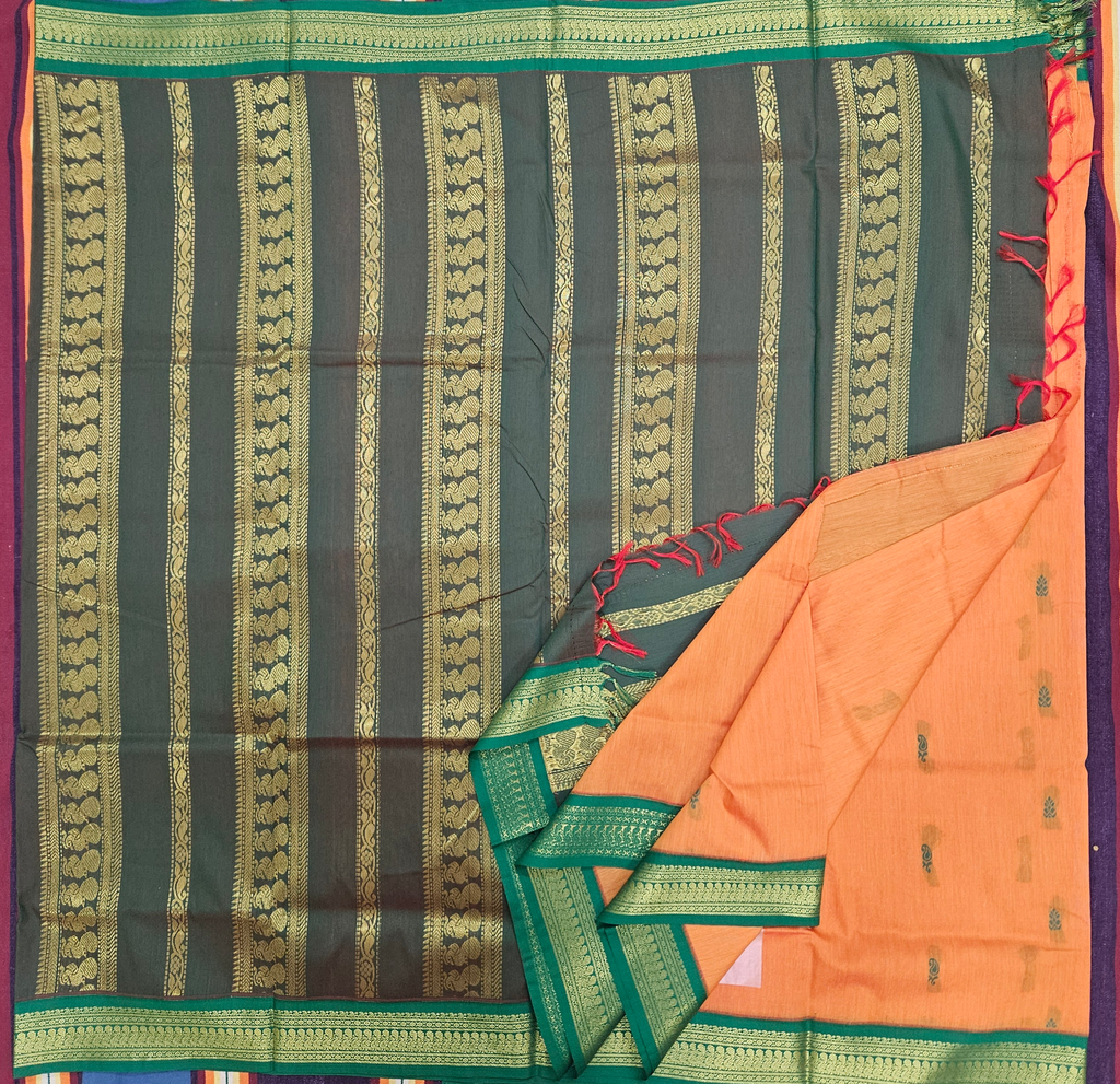10 yards Kalyani Cotton Mango Yellow /Green Pallu