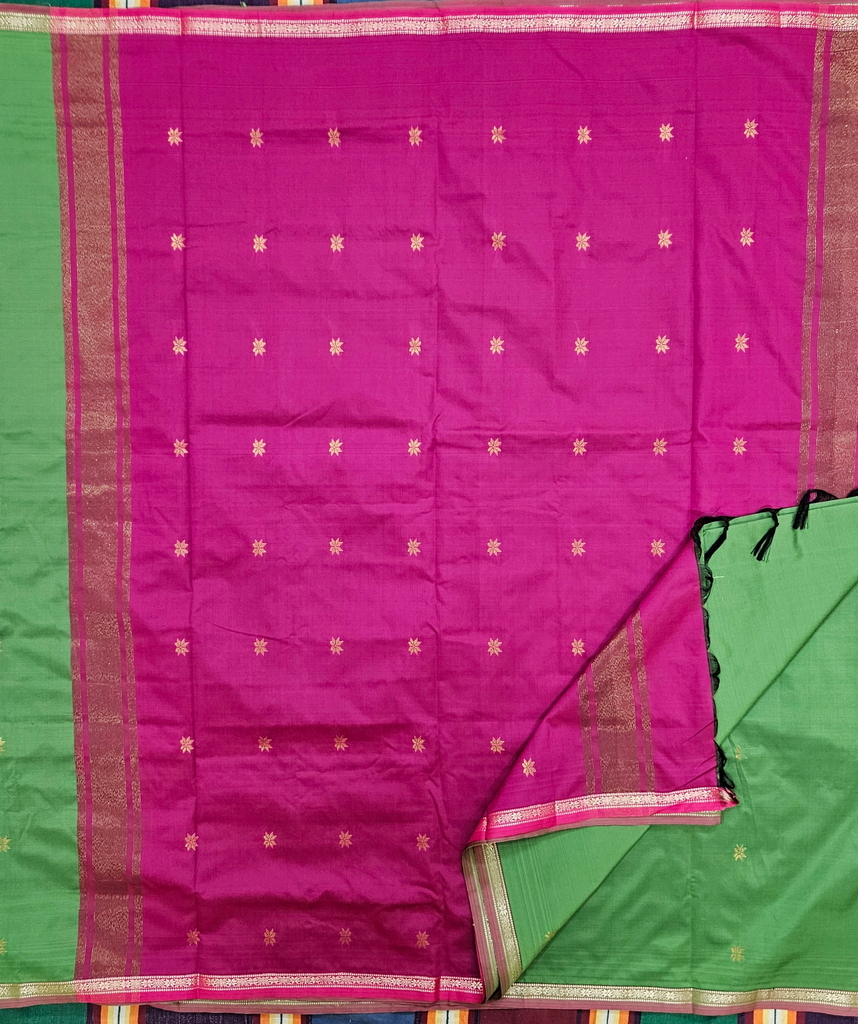 11 yards Semi Silk Saree Pista Green /Majenta Border