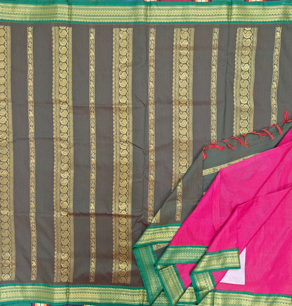 10 yards Kalyani Silk Vairavusi Majenta /Manthulir green Border 