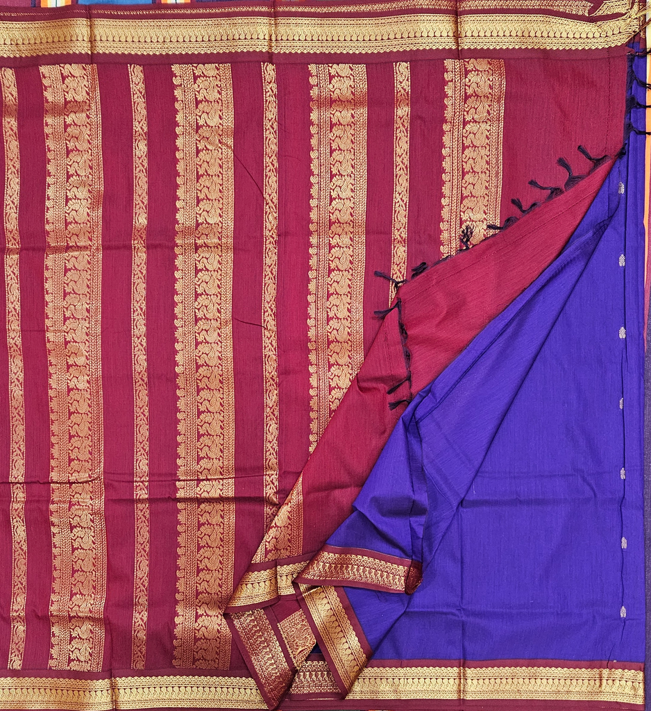 🎼 10 Yards Kalyani Silk Madisar – MS Blue with Golden Buttas & Maroon Border