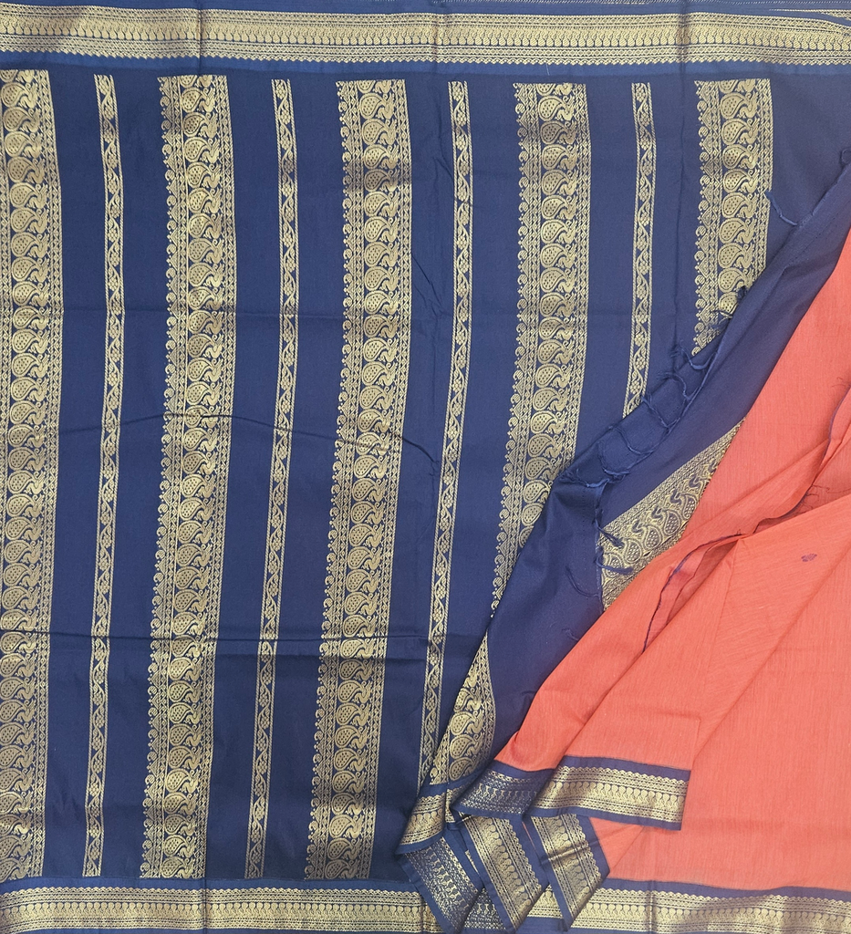 10 yards Kalyani Cotton Senthoor Color /Navy Blue Pallu