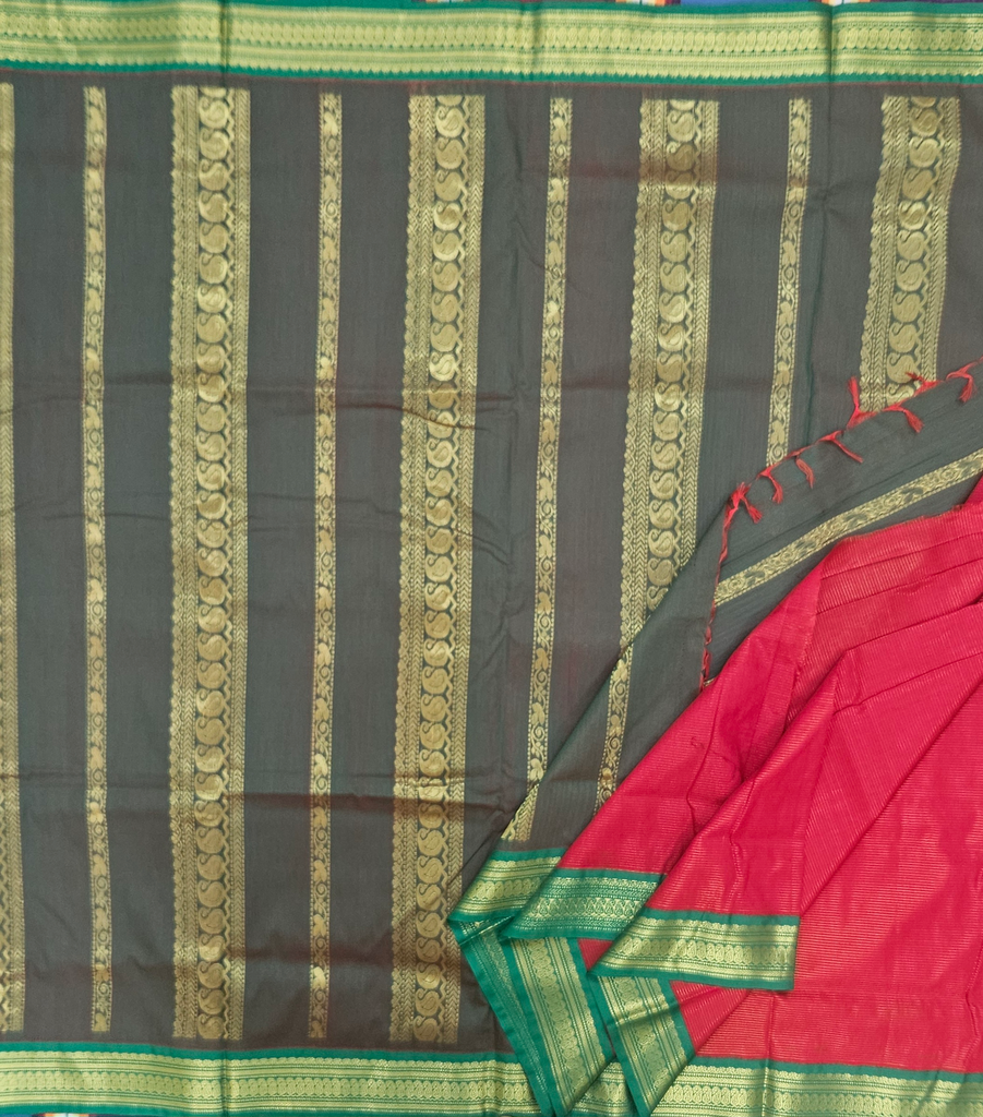 10 yards Kalyani Cotton Vairavusi Tomato Red /Manthulir Green Border