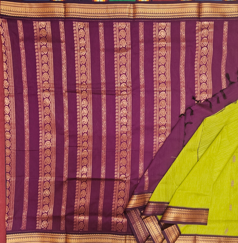 10 yards Kalyani Cotton Pista Green /copper Design Pallu