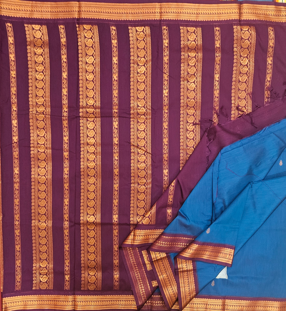 10 yards Kalyani Cotton Ramar Blue /Copper Design Pallu