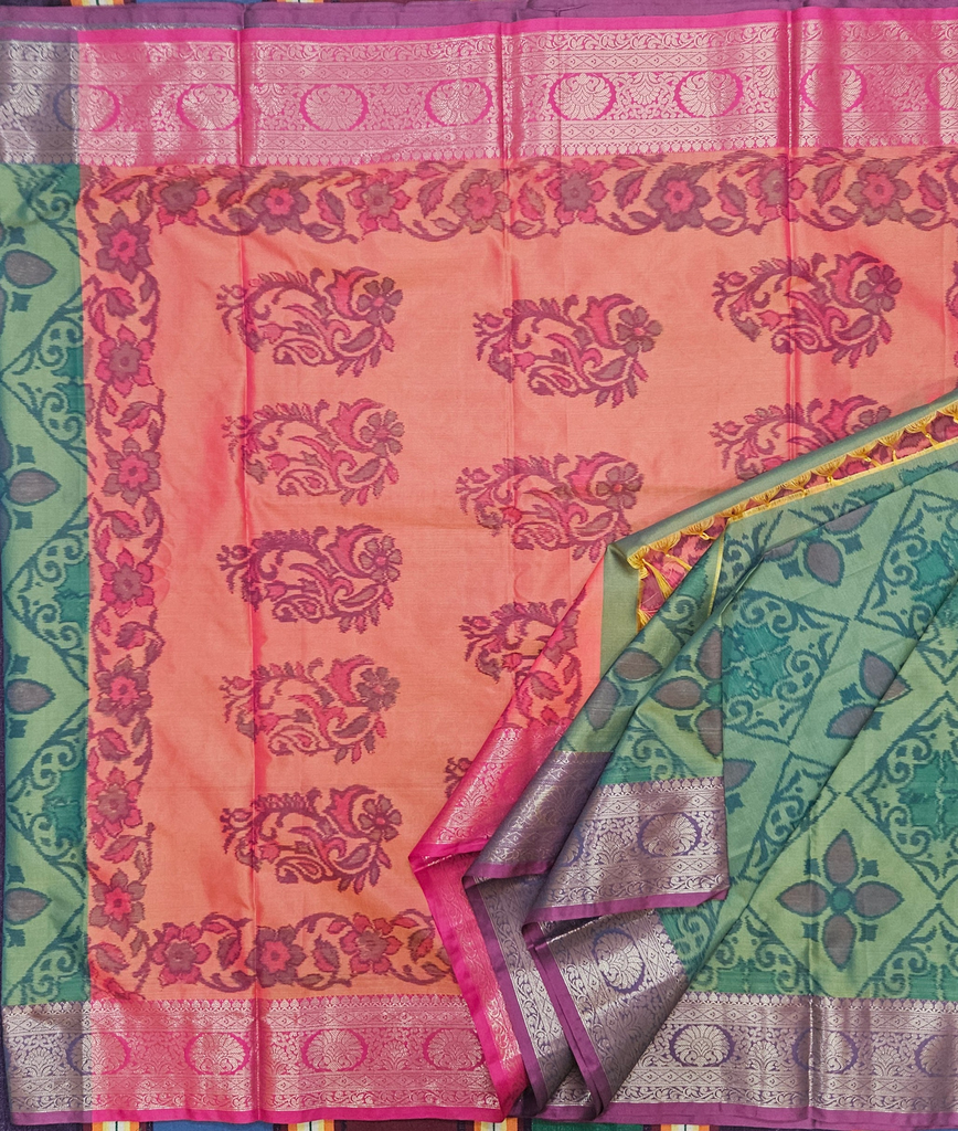 10 Yards Kochamalli Saree Double Shade Green with design