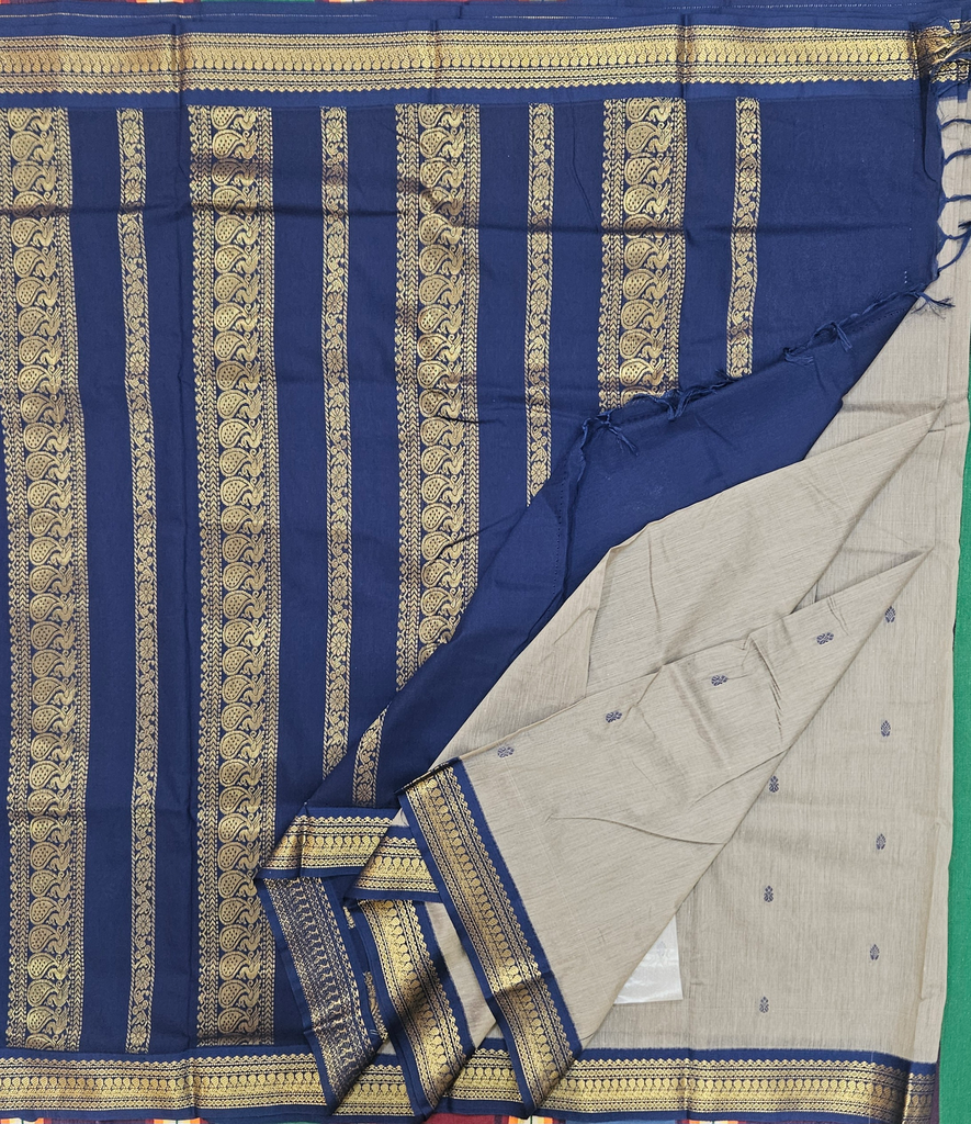🩶 10 Yards Kalyani Silk Madisar – Light Grey with Navy Blue Grand Border