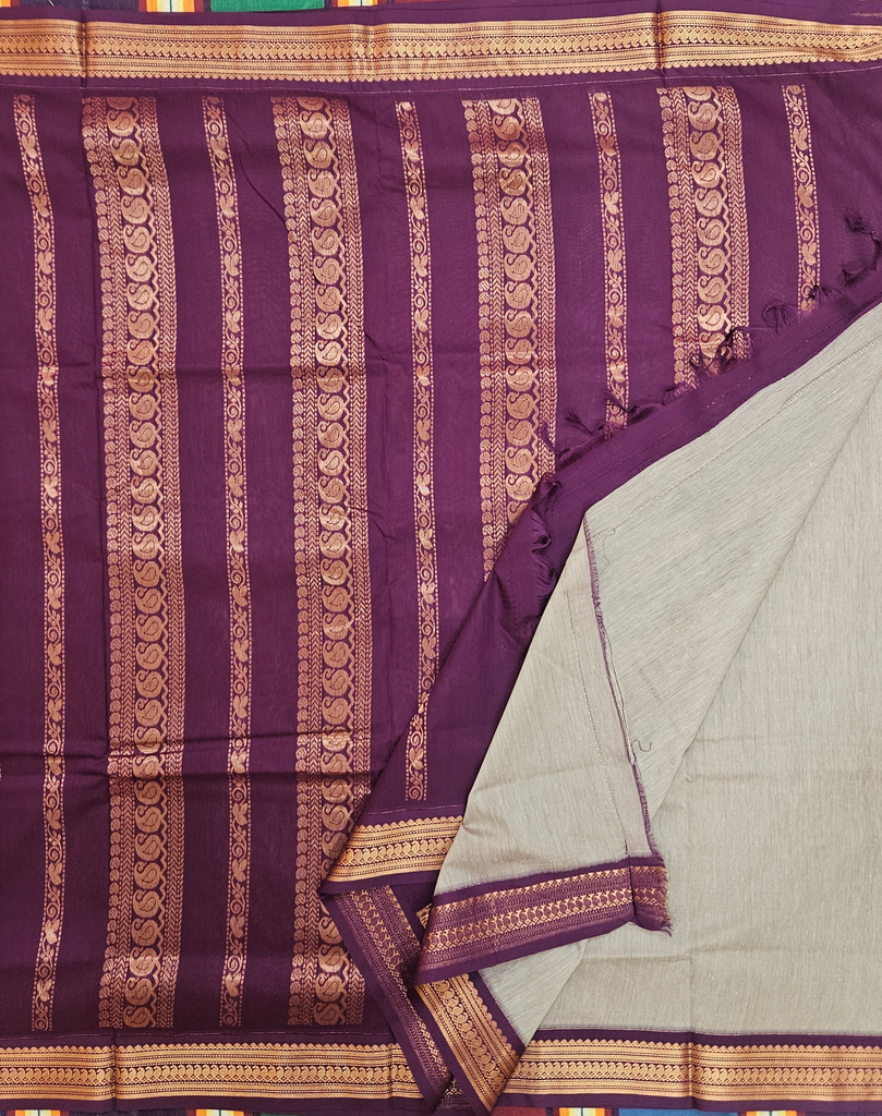 🔘 10 Yards Kalyani Silk Madisar – Light Grey with Antique Copper Grand Border